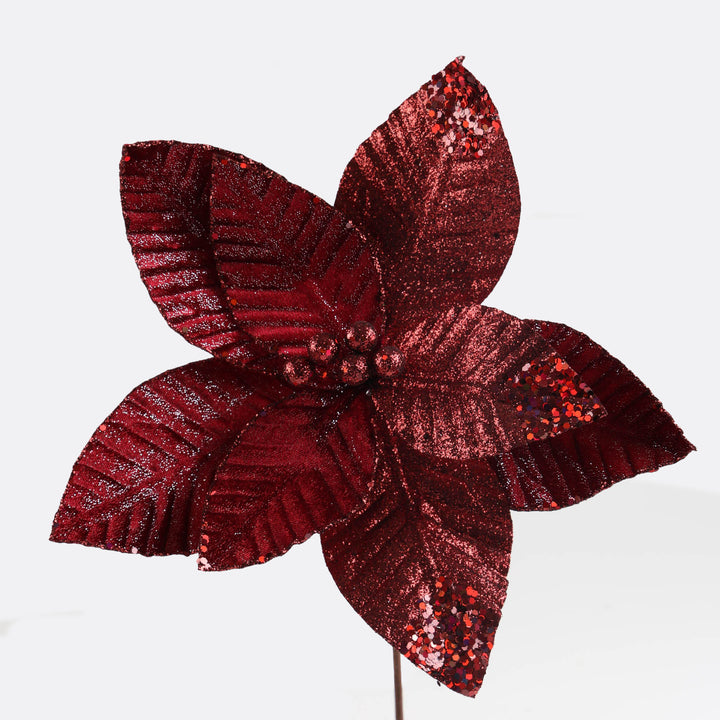 Burgundy Mixed Finish Sequin Tips Poinsettia Flower Stem