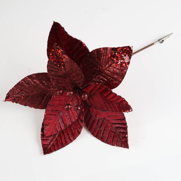 Burgundy Mixed Finish Sequin Tips Poinsettia Flower Clip