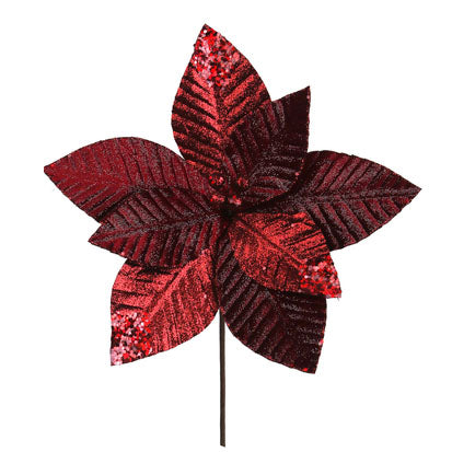 Burgundy Mixed Finish Sequin Tips Poinsettia Flower Stem