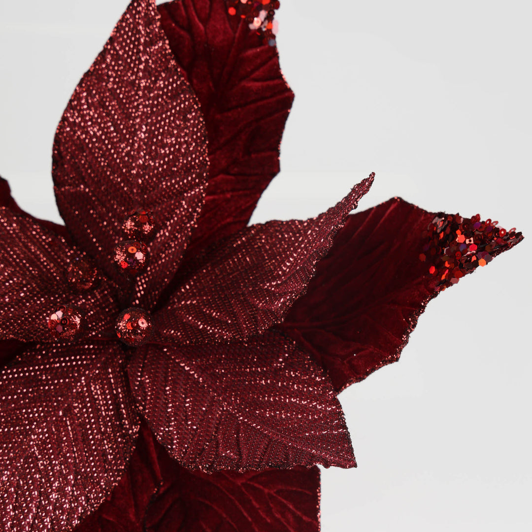 Burgundy Velvet Sequin Tips Poinsettia Flower Clip