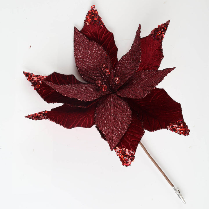 Burgundy Velvet Sequin Tips Poinsettia Flower Clip