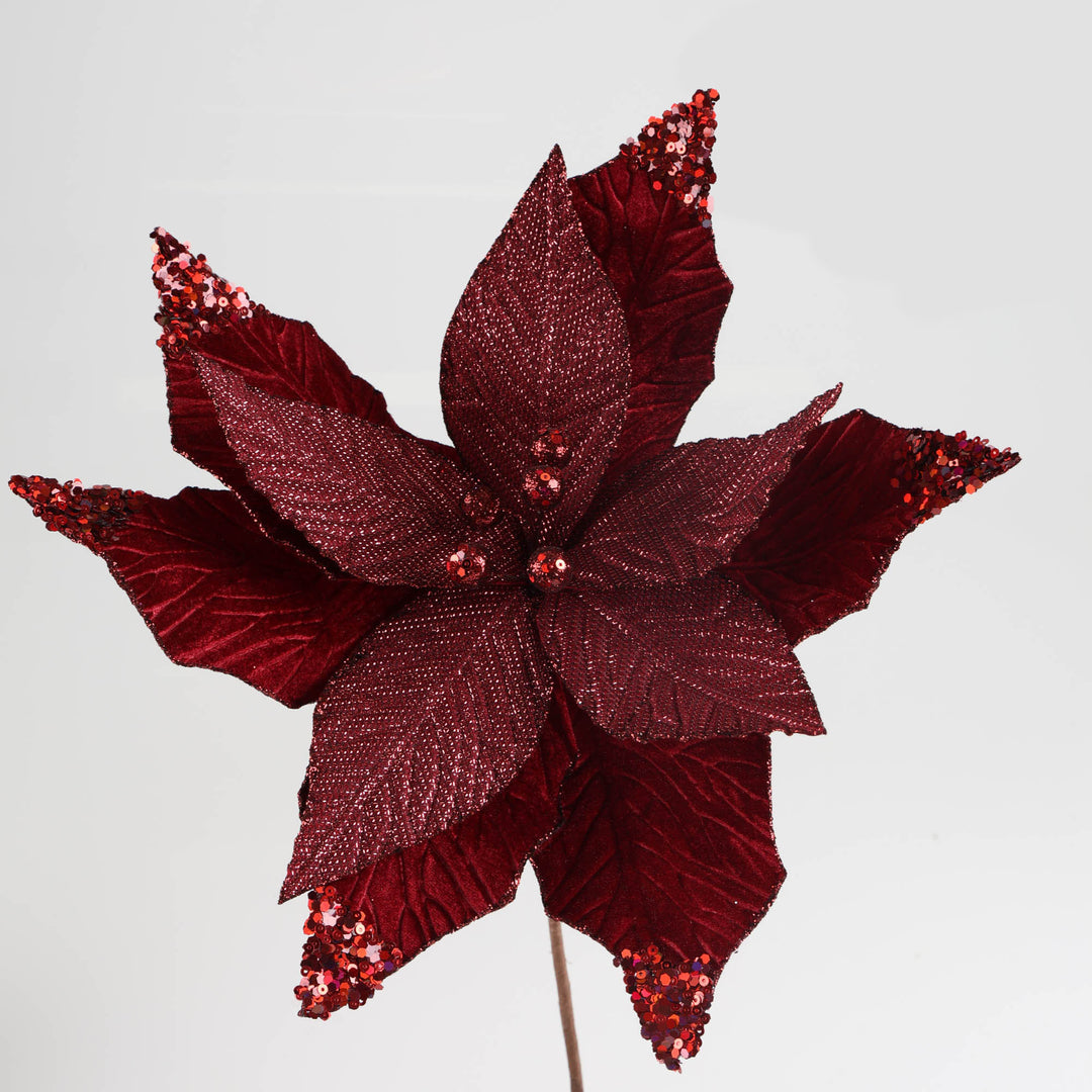Burgundy Mixed Petal with Glitter Tips Poinsettia Flower Clip