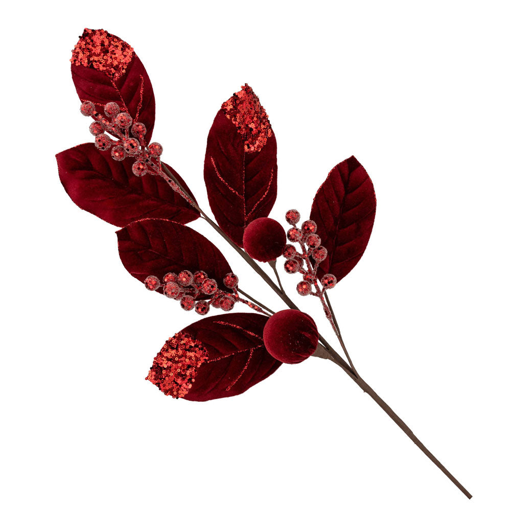 Burgundy Velvet Ball leaf Spray with Glitter Detail