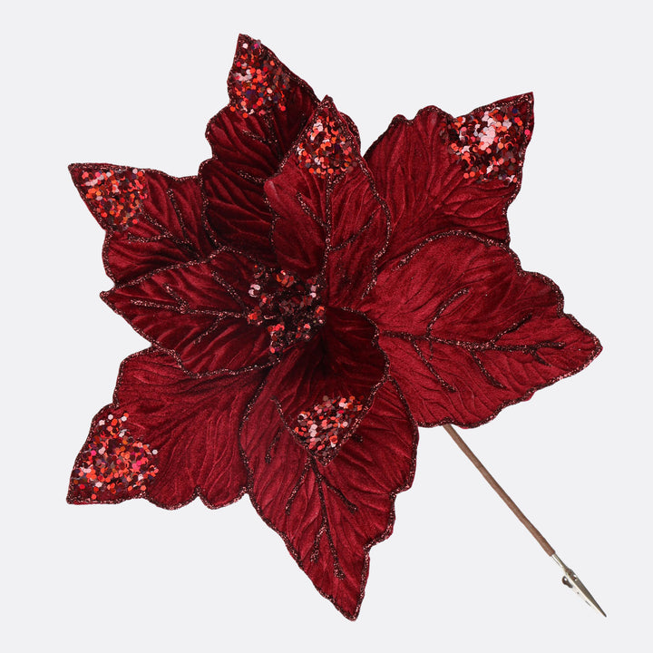 Burgundy Velvet Embossed Poinsettia Flower Stem