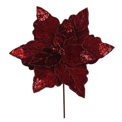 Burgundy Velvet Embossed Poinsettia Flower Stem