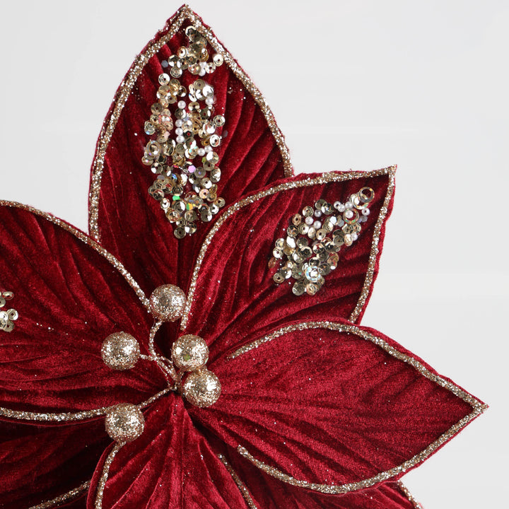 Burgundy Velvet Gold Glitter Edge Poinsettia Flower Clip