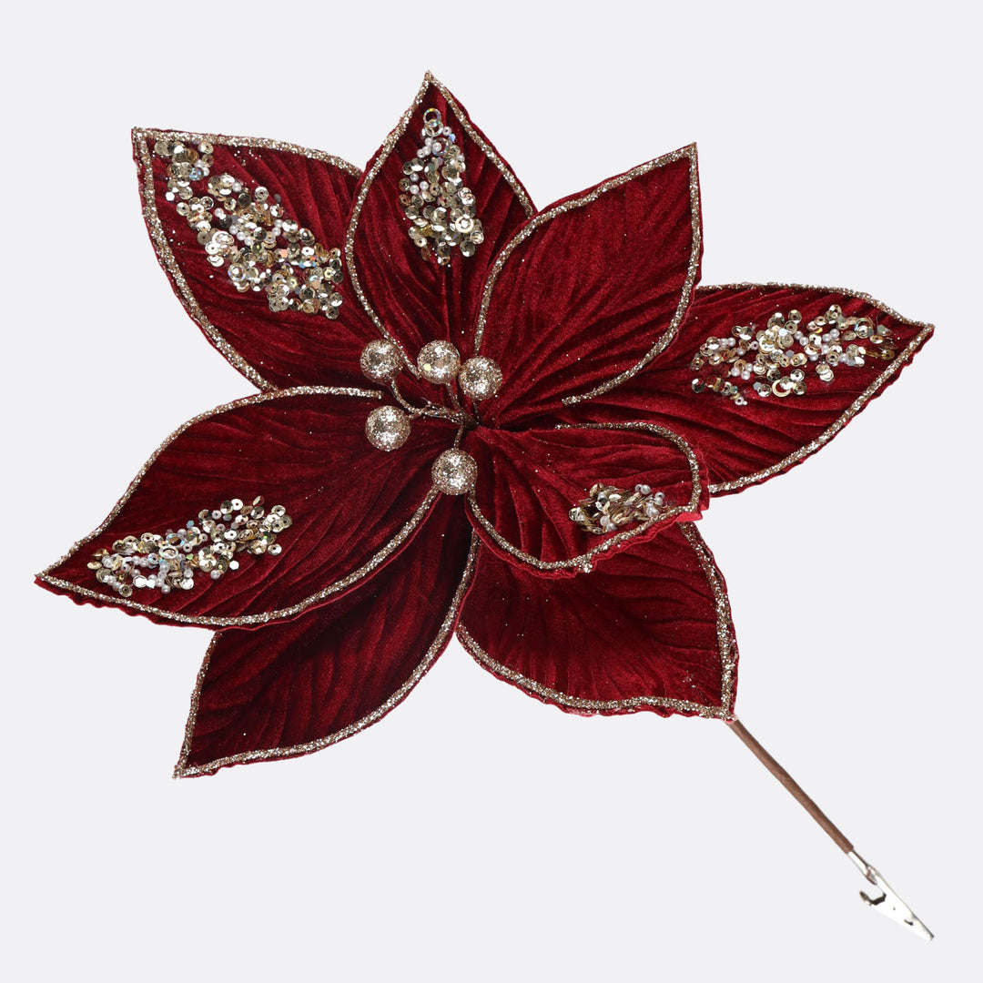 Burgundy Velvet Gold Glitter Edge Poinsettia Flower Stem