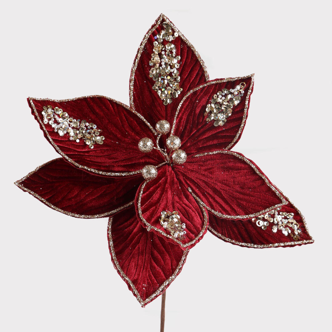 Burgundy Velvet Gold Glitter Edge Poinsettia Flower Clip