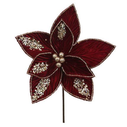 Burgundy Velvet Gold Glitter Edge Poinsettia Flower Stem