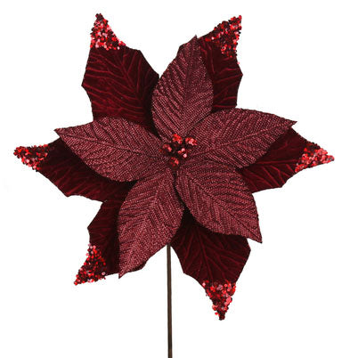 Burgundy Mixed Petal with Glitter Tips Poinsettia Flower Clip