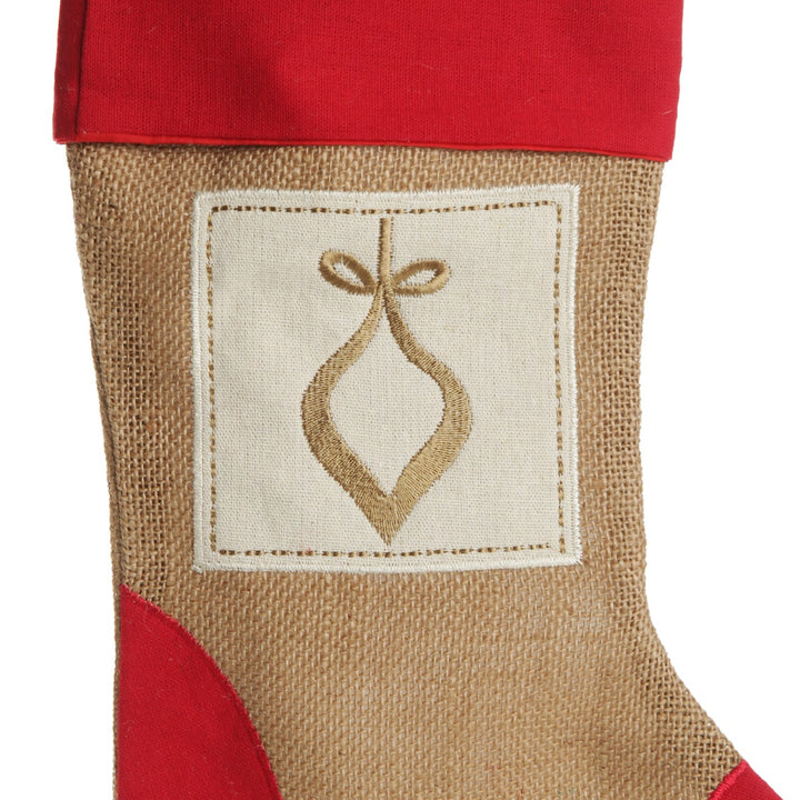 Burlap and Linen Bauble Stocking with Red Trim