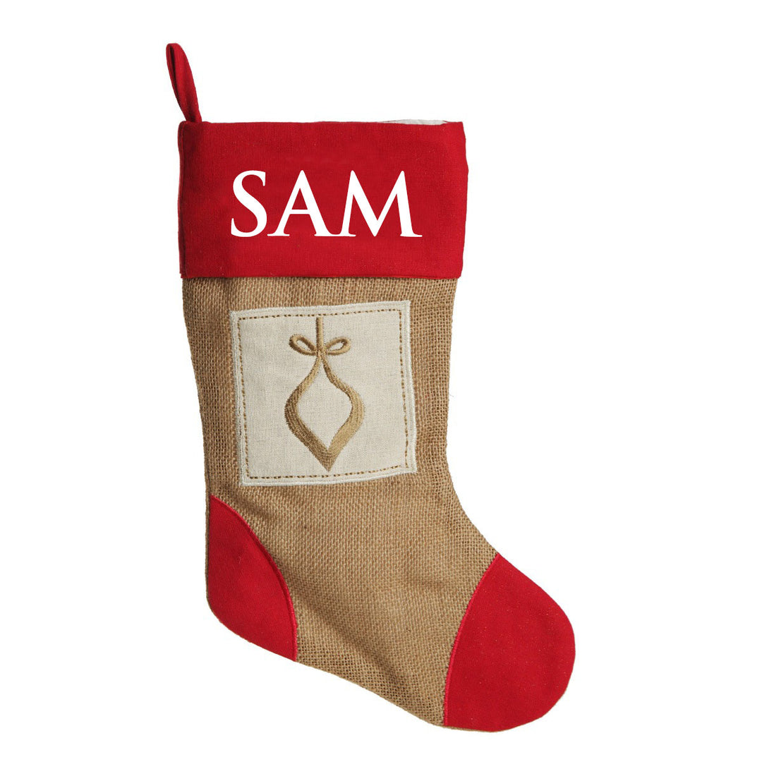 Personalised Burlap and Linen Bauble Stocking with Red Trim