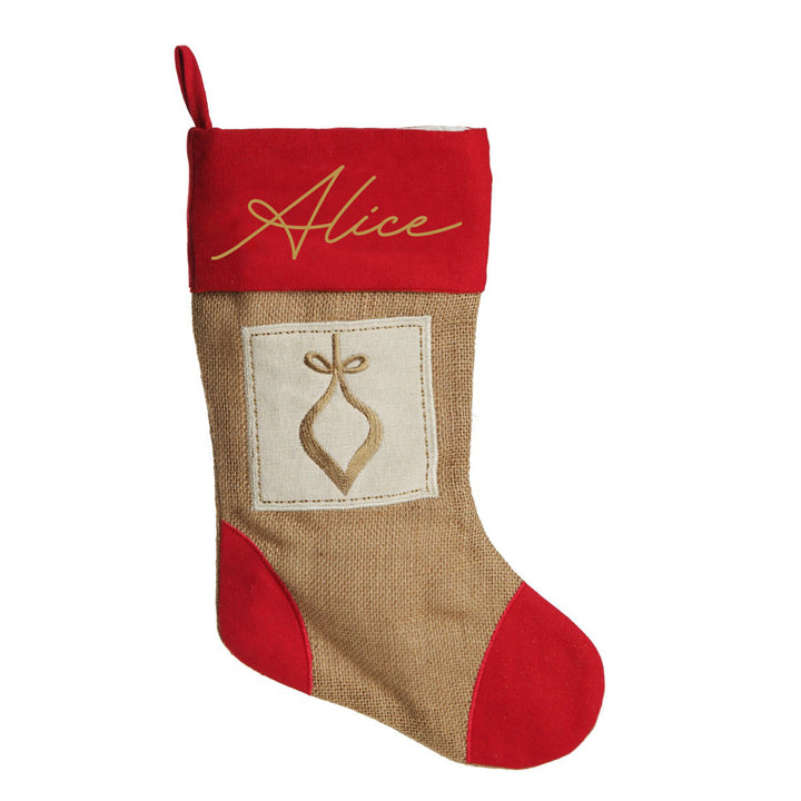 Personalised Burlap and Linen Bauble Stocking with Red Trim