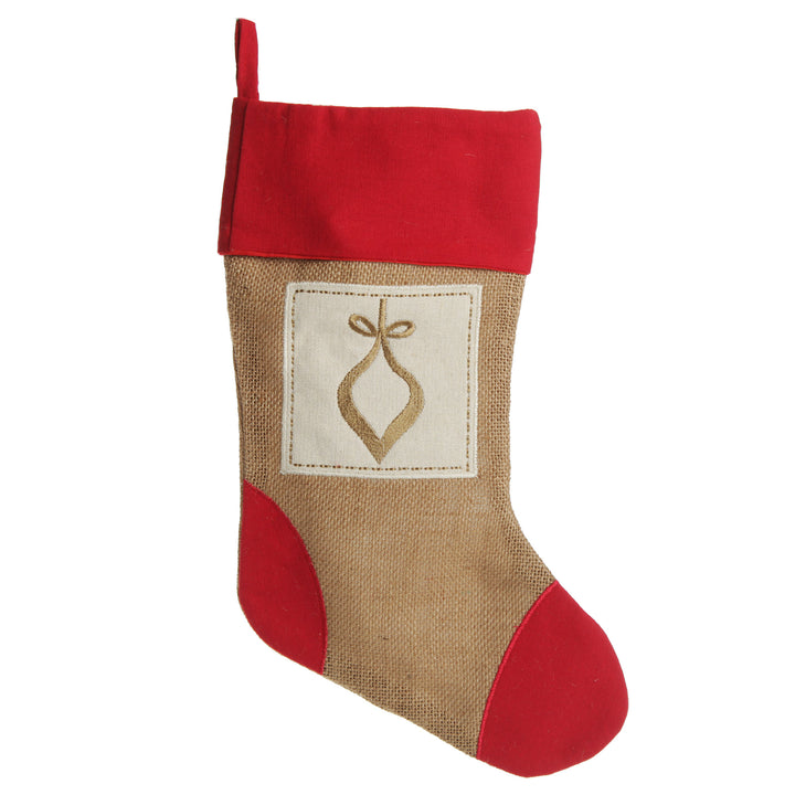 Personalised Burlap and Linen Bauble Stocking with Red Trim