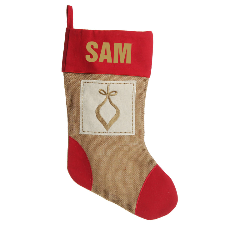 Personalised Burlap and Linen Bauble Stocking with Red Trim
