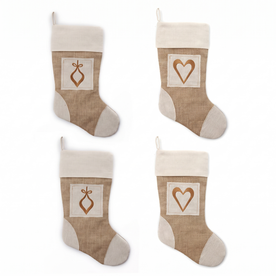 Burlap and Linen Christmas Stocking - Set of 4