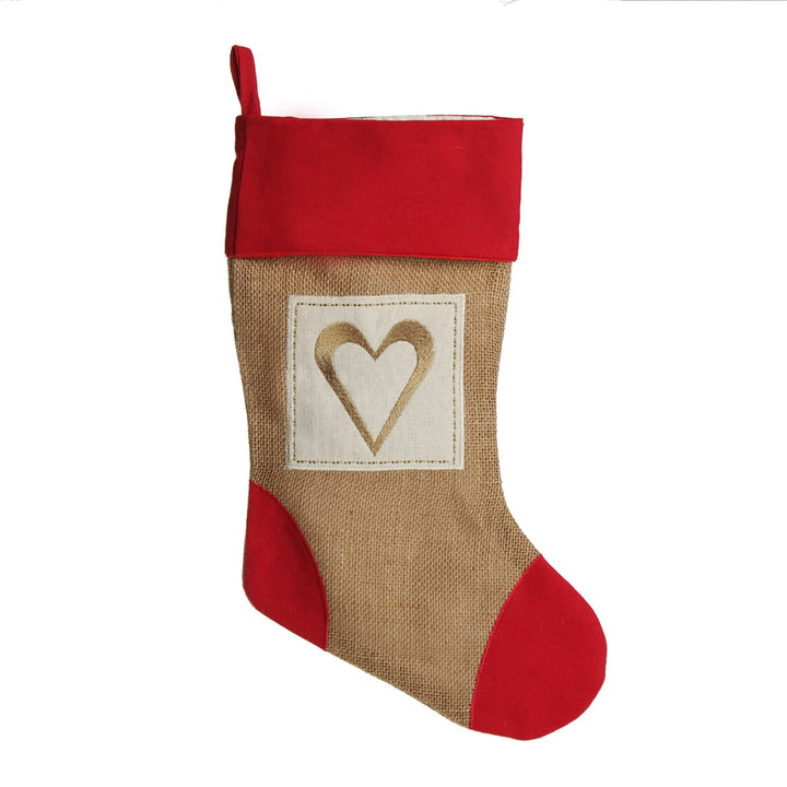 Burlap and Linen Heart Stocking with Red Trim