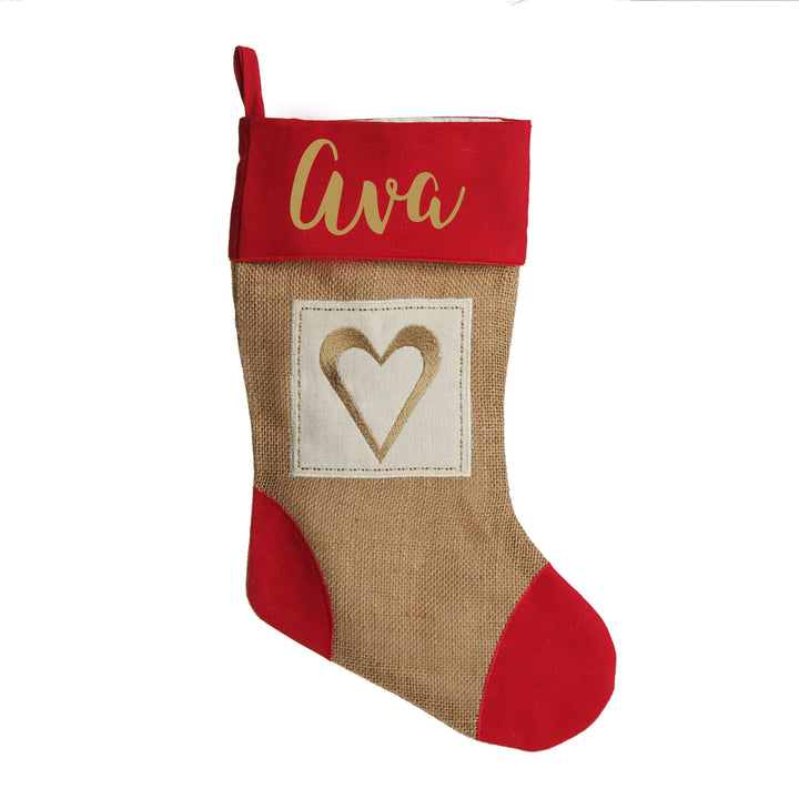 Personalised Burlap and Linen Bauble Stocking with Red Trim