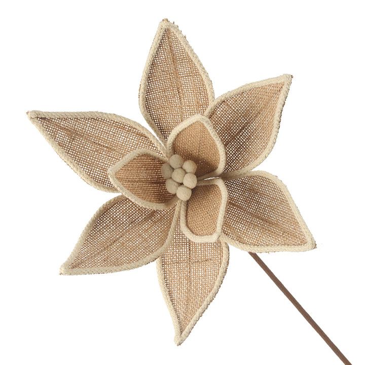 Burlap Poinsettia Flower Stem With Ivory Trim