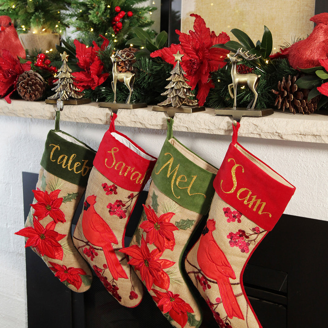 Personalised Burlap Cardinal Bird Christmas Stocking - with backround