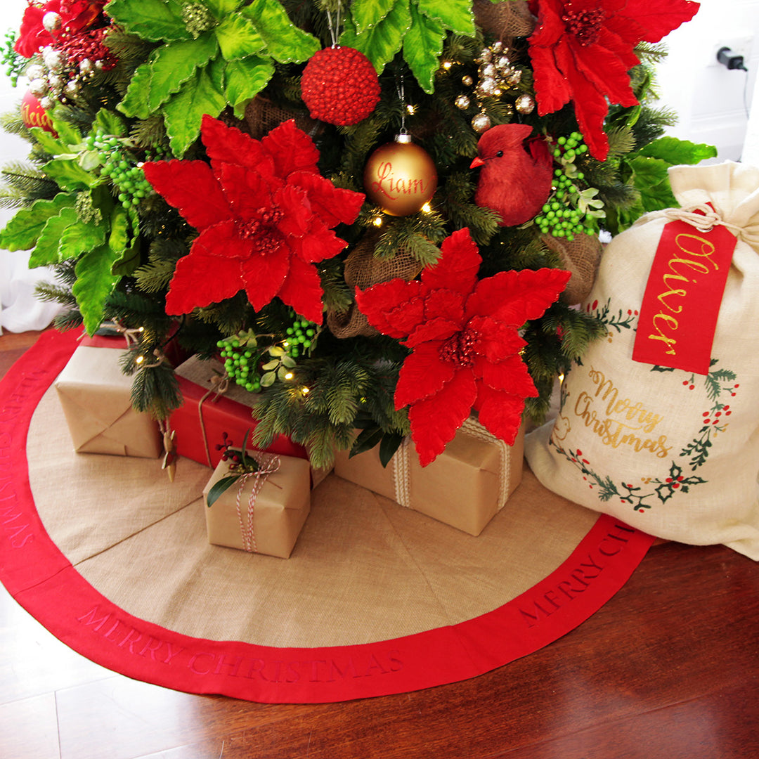 Burlap Merry Christmas Tree Skirt - Red Trim with background