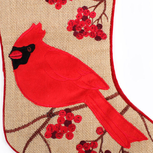 Personalised Burlap Cardinal Bird Christmas Stocking