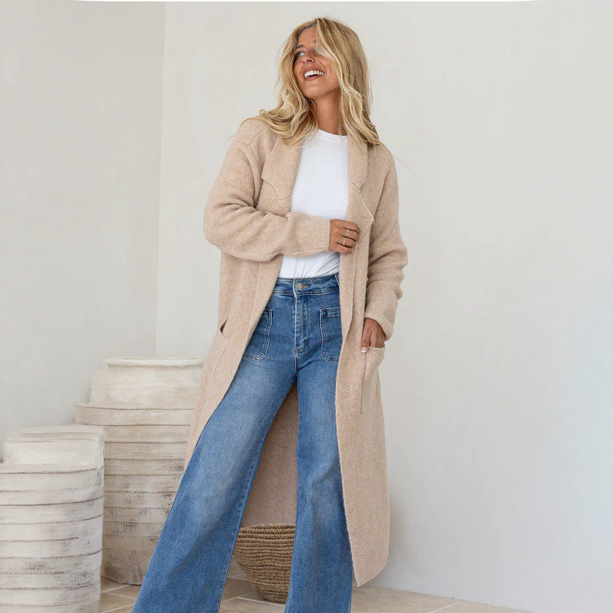 Camel Long Knit Cardigan with Pockets - SM