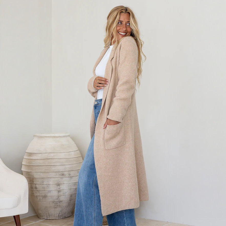 Camel Long Knit Cardigan with Pockets - ML