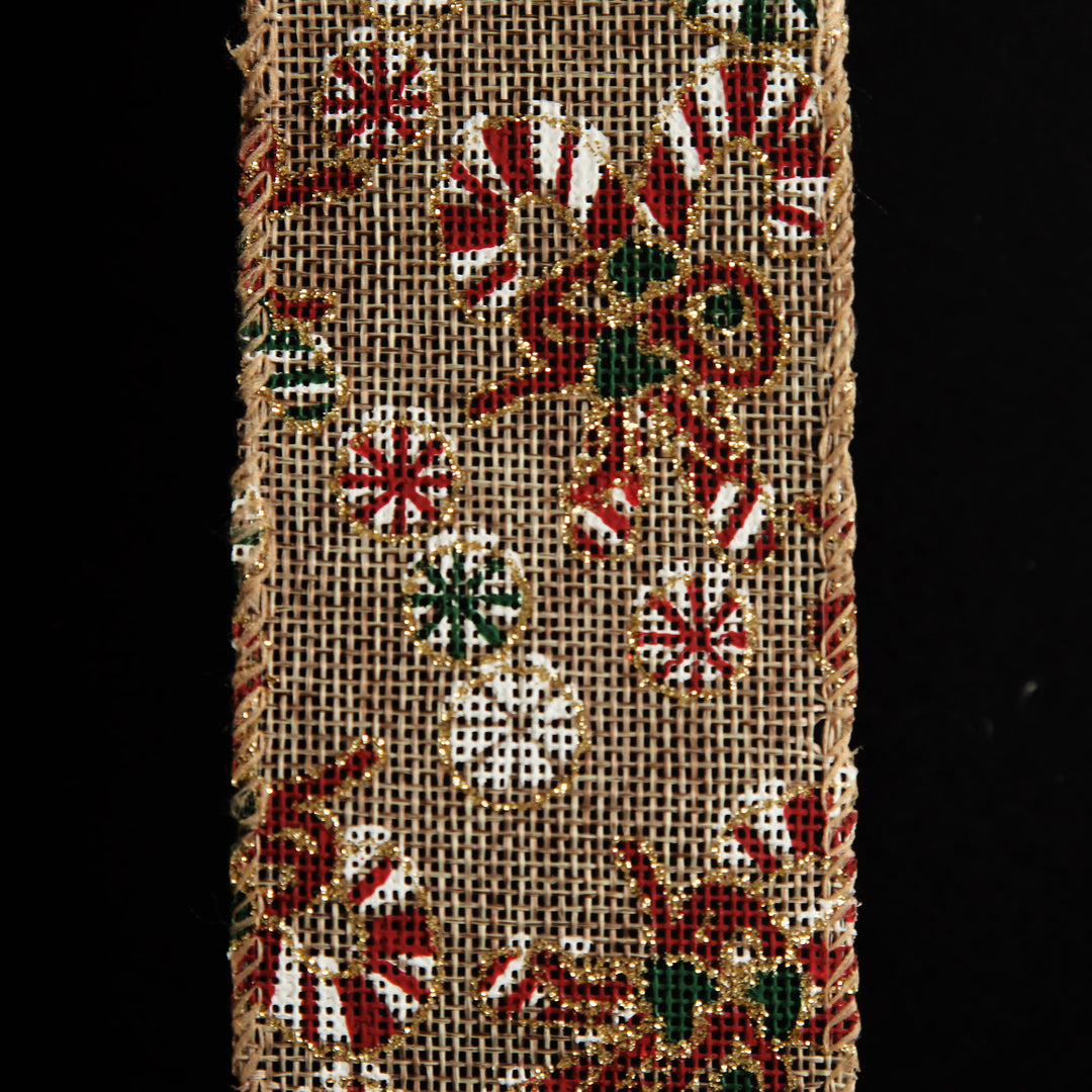 Candy Cane Hessian Ribbon with Wired Edge - 6.3cm 