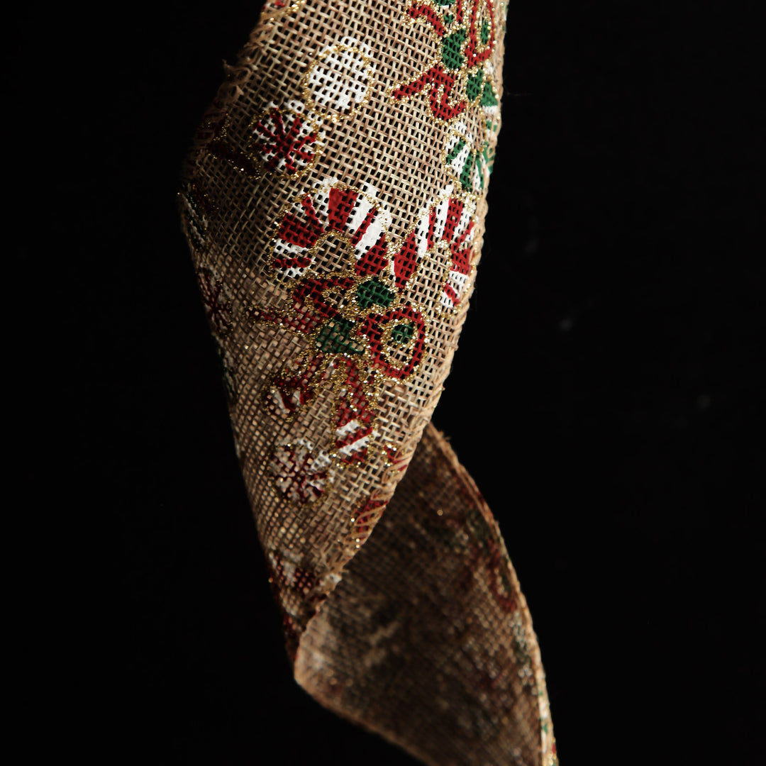 Candy Cane Hessian Ribbon with Wired Edge - 6.3cm 
