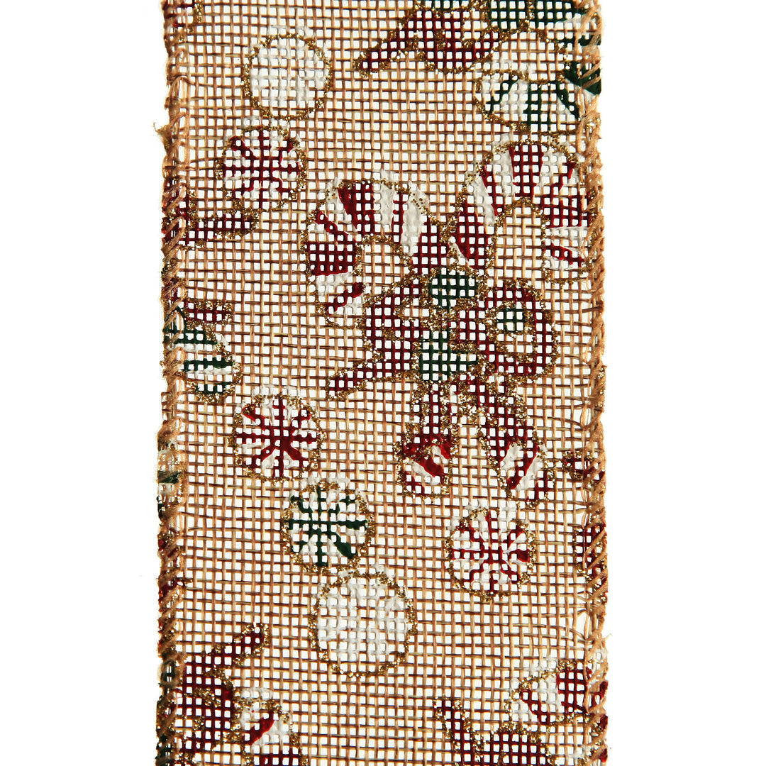 Candy Cane Hessian Ribbon with Wired Edge - 6.3cm 