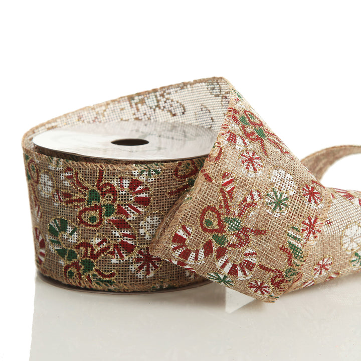 Candy Cane Hessian Ribbon with Wired Edge - 6.3cm 