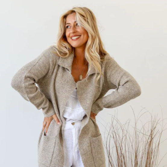 Oatmeal Long Knit Cardigan with Pockets - ML