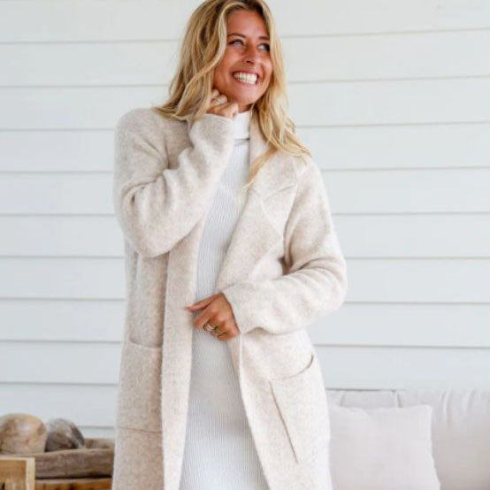 Winter White Long Knit Cardigan with Pockets - ML