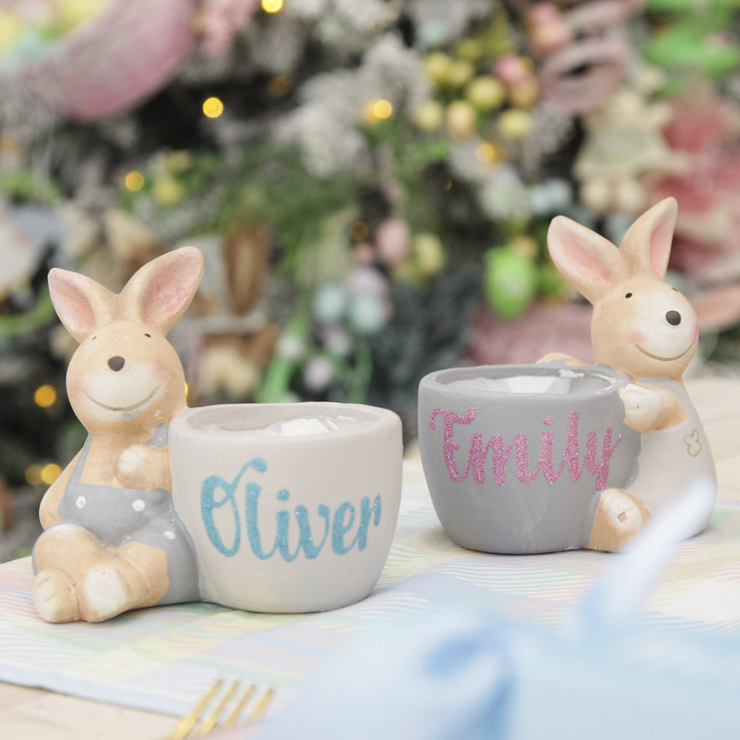 Personalised Ceramic Pink Girl Easter Bunny with Pot with Personalised Ceramic Blue Boy Easter Bunny with Pot