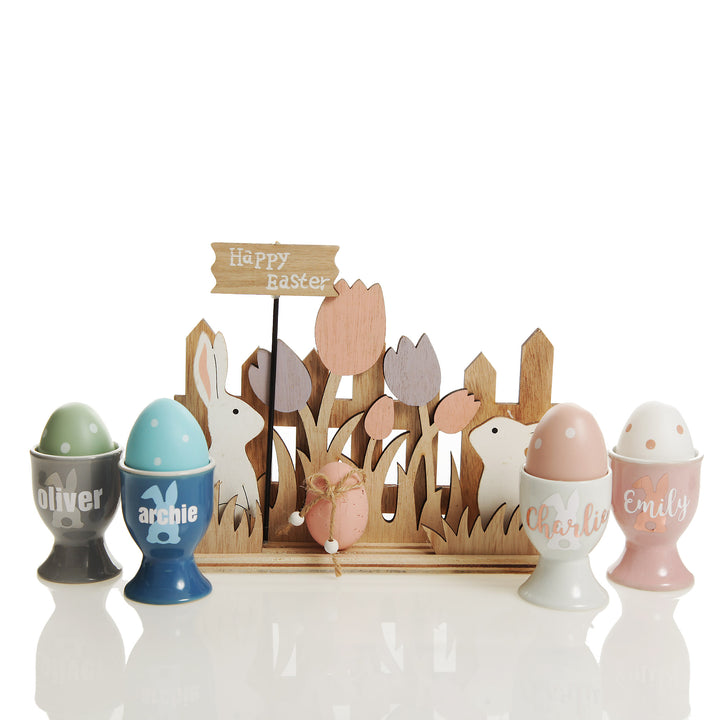 Personalised Grey Ceramic Easter Egg Cup with Wood Cutout Easter Scene with Egg