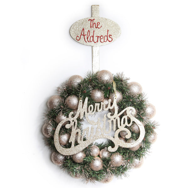 Champagne Gold Merry Christmas Word Plaque with wreath