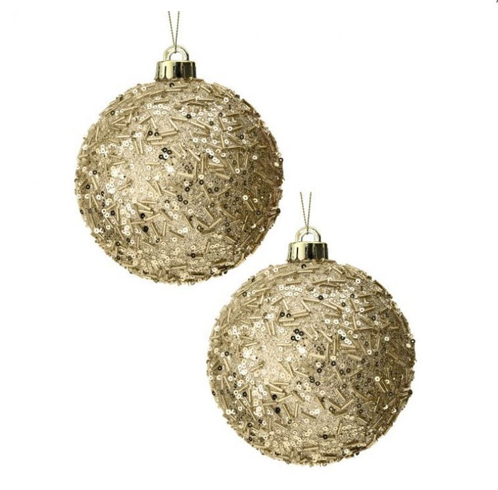 Champagne Beaded &amp; Glitter Baubles - Set of 2