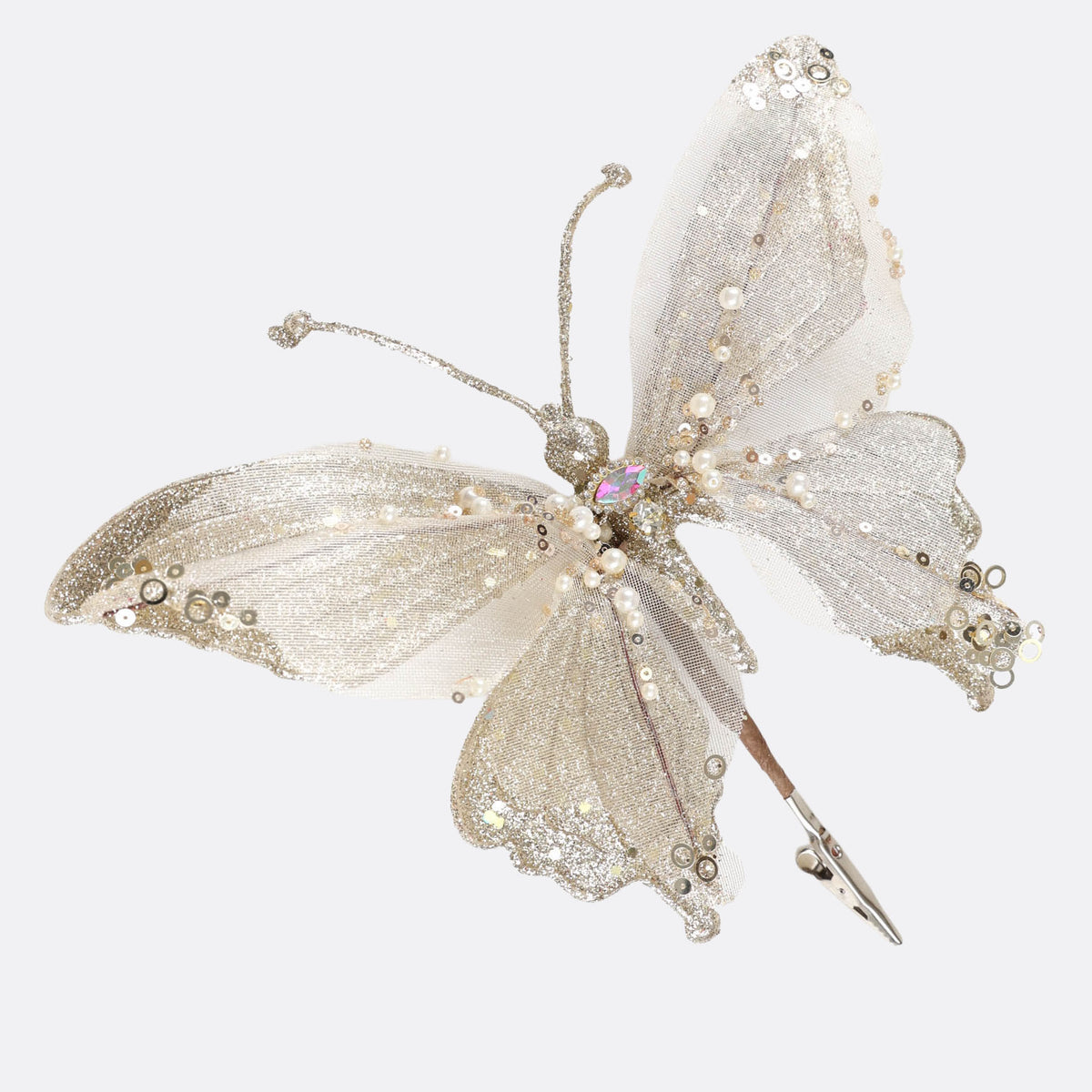 Champagne Butterfly Clip with Glitter and Pearls