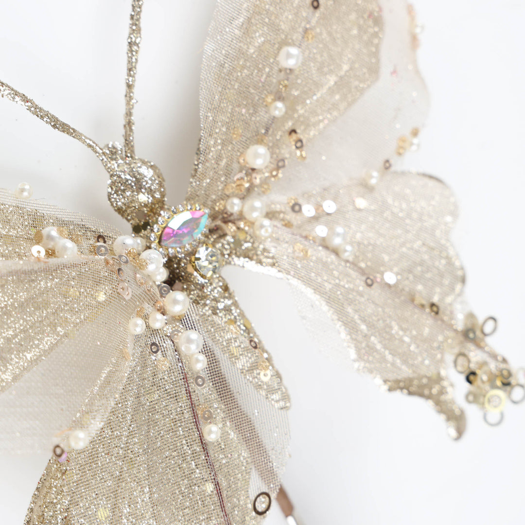 Champagne Butterfly Clip with Glitter and Pearls
