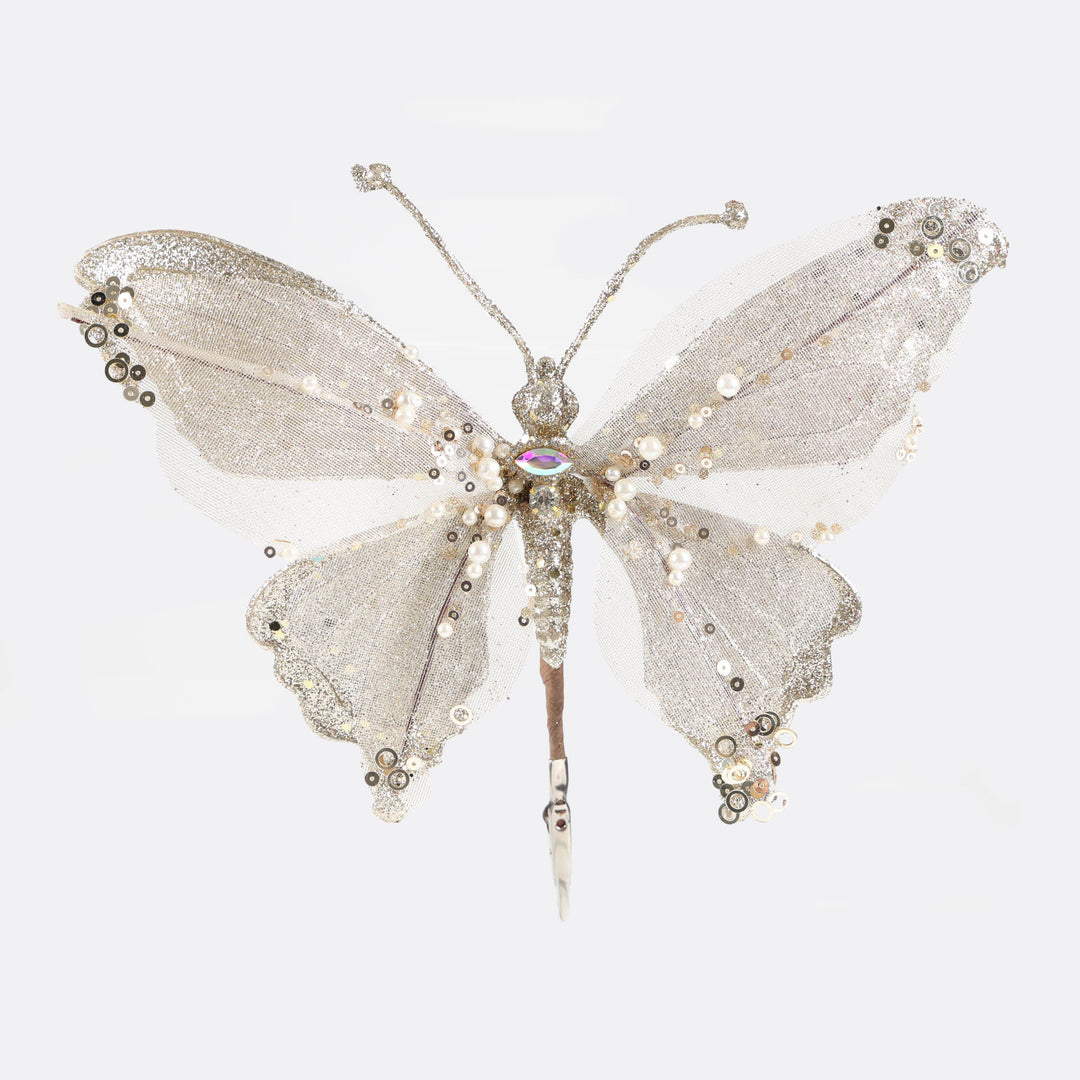 Champagne Butterfly Clip with Glitter and Pearls