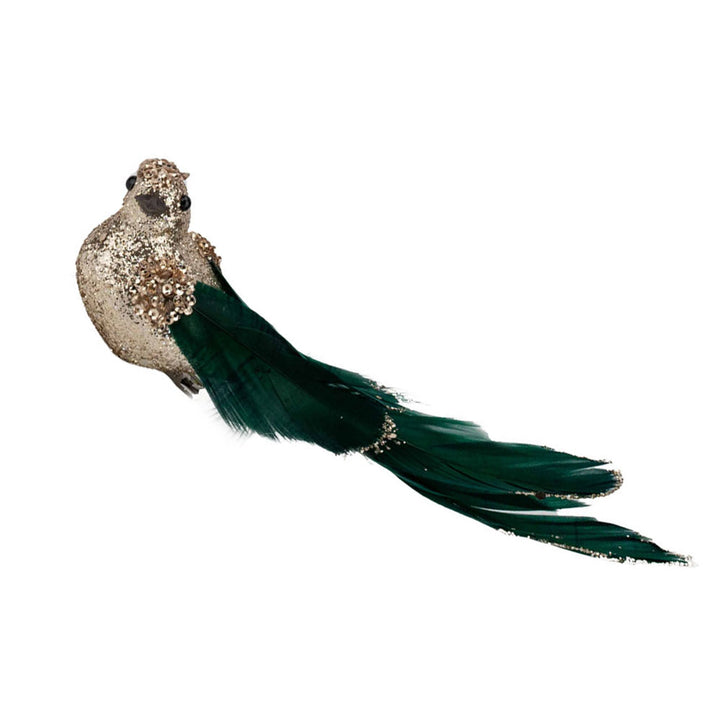 Champagne Glitter Bird Clip with Green Tail - Set of 2