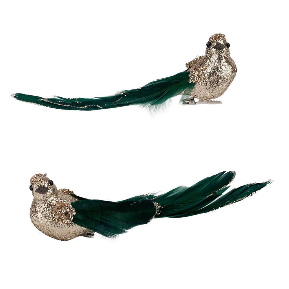 Champagne Glitter Bird Clip with Green Tail - Set of 2