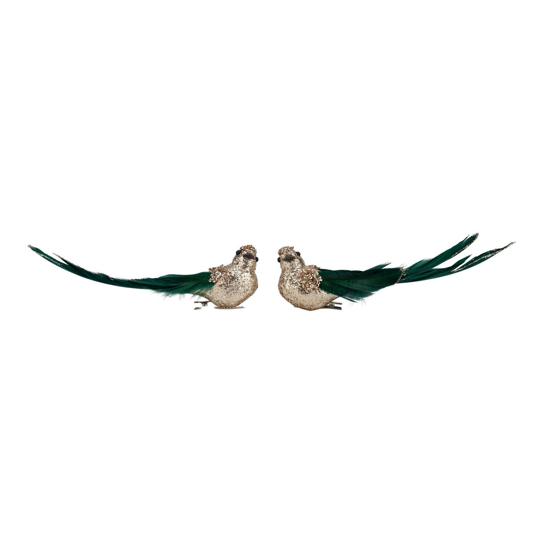 Champagne Glitter Bird Clip with Green Tail - Set of 2