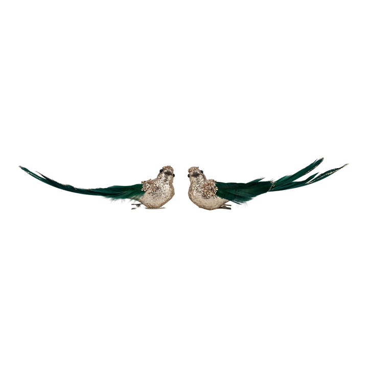 Champagne Glitter Bird Clip with Green Tail - Set of 2