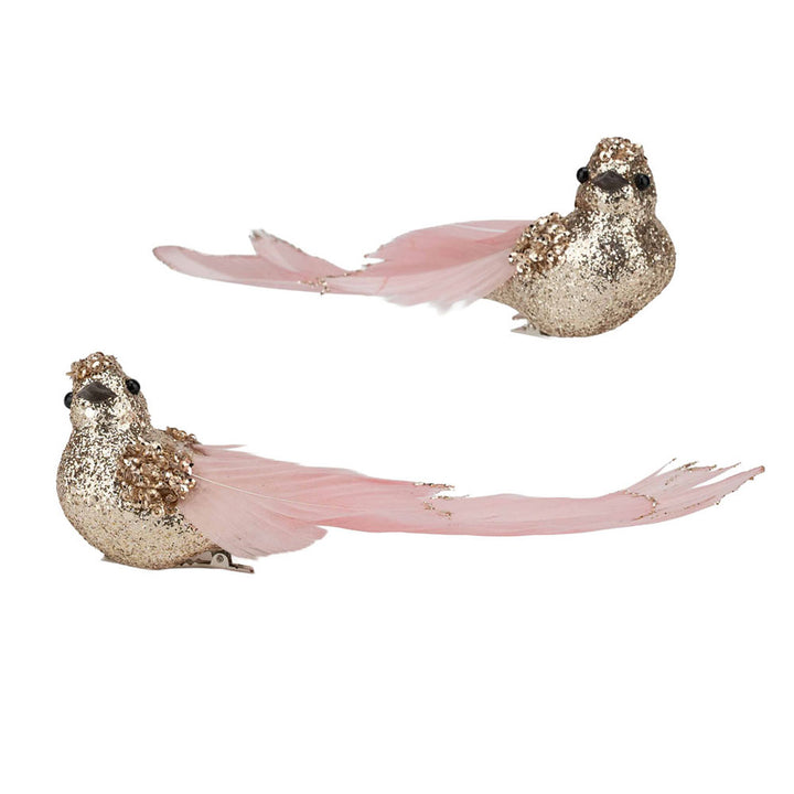 Champagne Glitter Bird Clip with Pink Tail - Set of 2