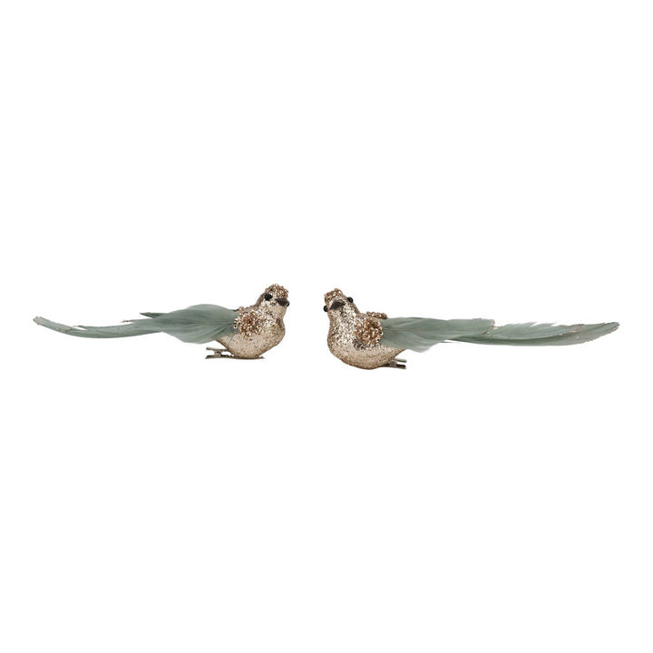 Champagne Glitter Bird Clip with Sage Tail - Set of 2