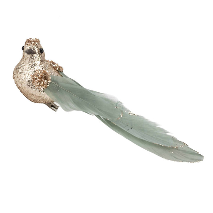 Champagne Glitter Bird Clip with Sage Tail - Set of 2