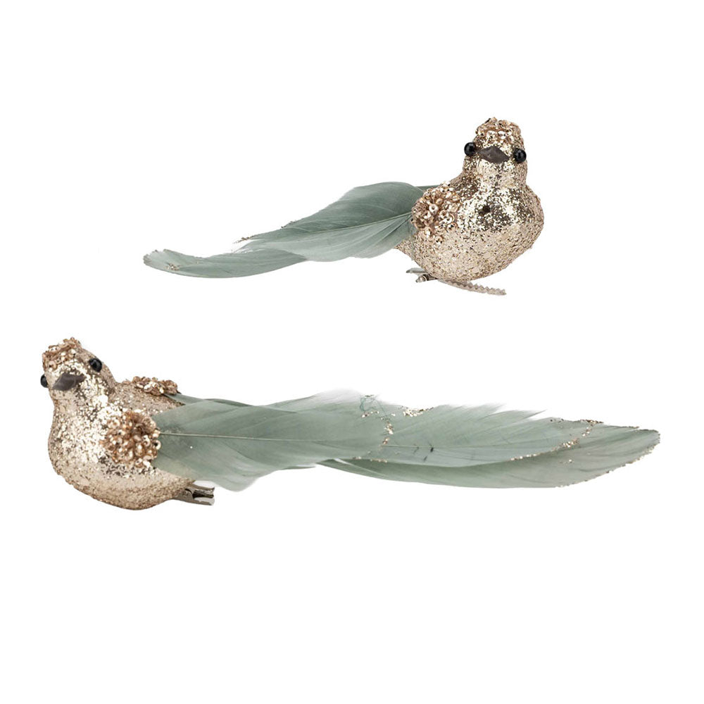 Champagne Glitter Bird Clip with Sage Tail - Set of 2