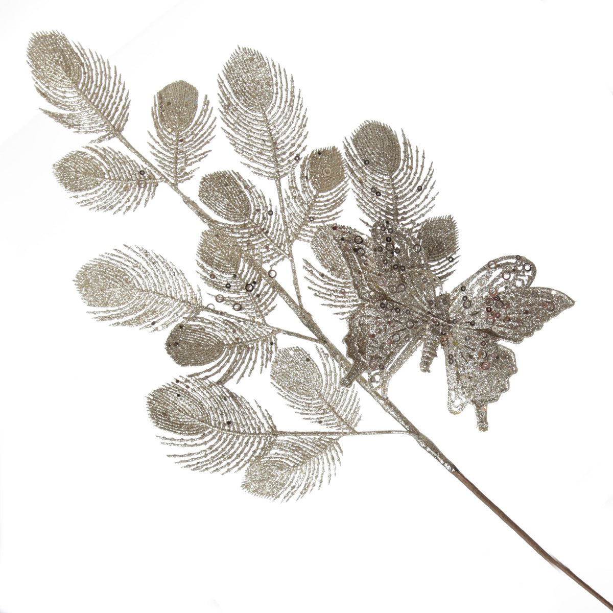 Champagne Glitter Feathers with Butterfly Spray Pick
